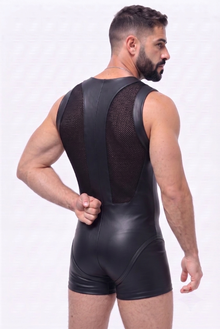 Joyglove PU Leather & Mesh Singlet Bodysuit, Sleeveless Zip-Front One-Piece with Sheer Panels