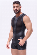 Joyglove PU Leather & Mesh Singlet Bodysuit, Sleeveless Zip-Front One-Piece with Sheer Panels