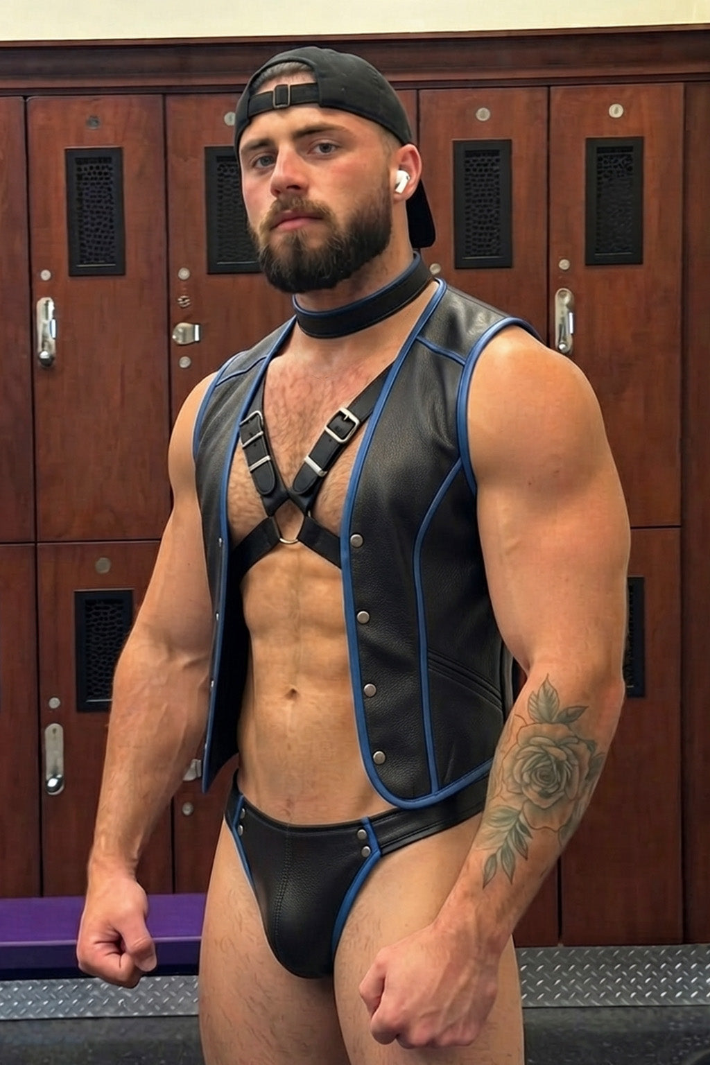 Joyglove PU Leather Vest & Jockstrap Set, Blue Contrast Trim + Snap-Front Vest + Open-Seat Jock