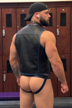 Joyglove PU Leather Vest & Jockstrap Set, Blue Contrast Trim + Snap-Front Vest + Open-Seat Jock