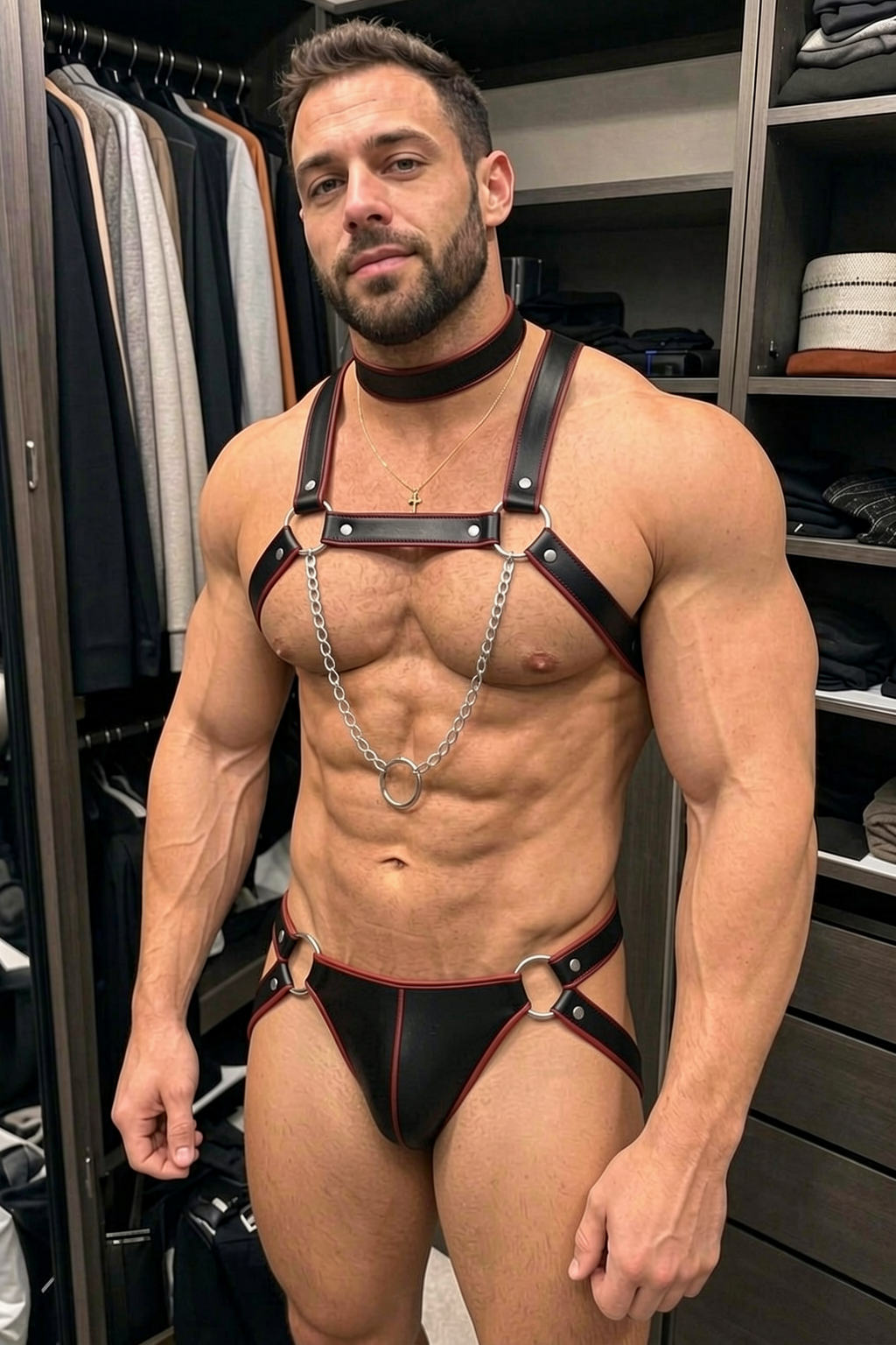 Joyglove Men’s PU Leather 2-Piece Harness Set, X-Back Straps + Metal Rings + Jockstrap Bottom