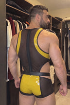 Joyglove Yellow Mesh & Gloss PU Singlet, Chest Cutout + Back Zip + Belted Waist Detail