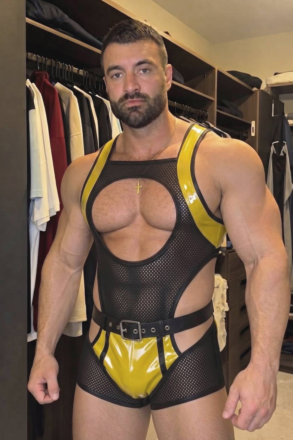 Joyglove Yellow Mesh & Gloss PU Singlet, Chest Cutout + Back Zip + Belted Waist Detail
