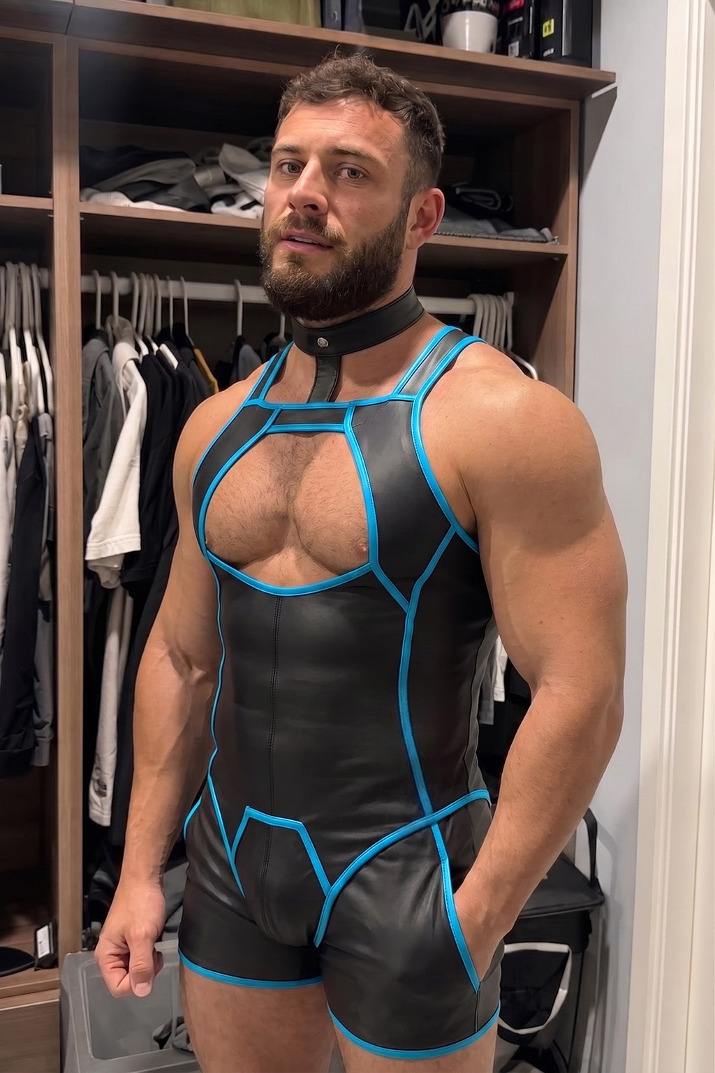 Joyglove Black PU Leather Singlet Bodysuit, Blue Contrast Piping + Back Zip + Open-Seat Cutout