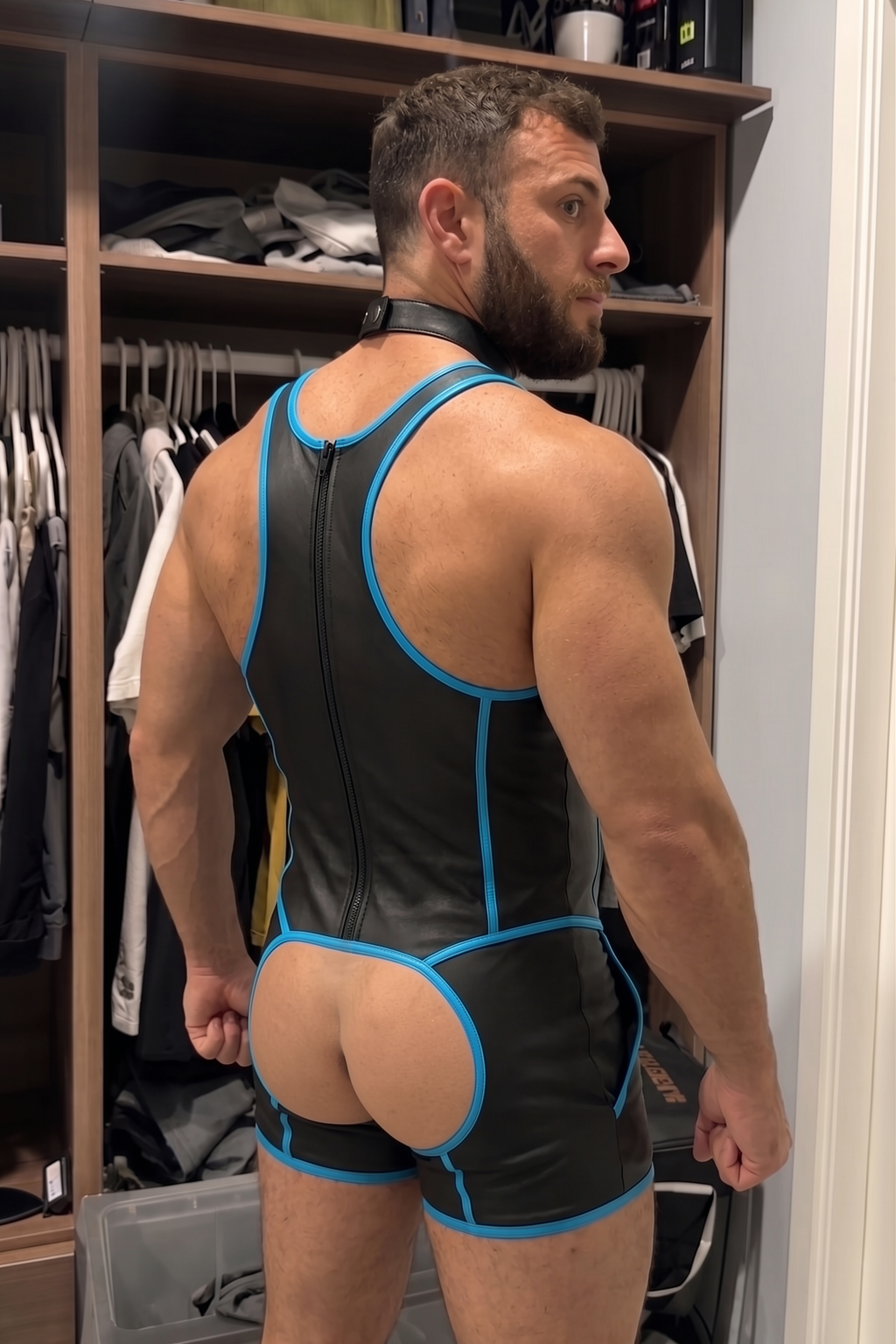 Joyglove Black PU Leather Singlet Bodysuit, Blue Contrast Piping + Back Zip + Open-Seat Cutout