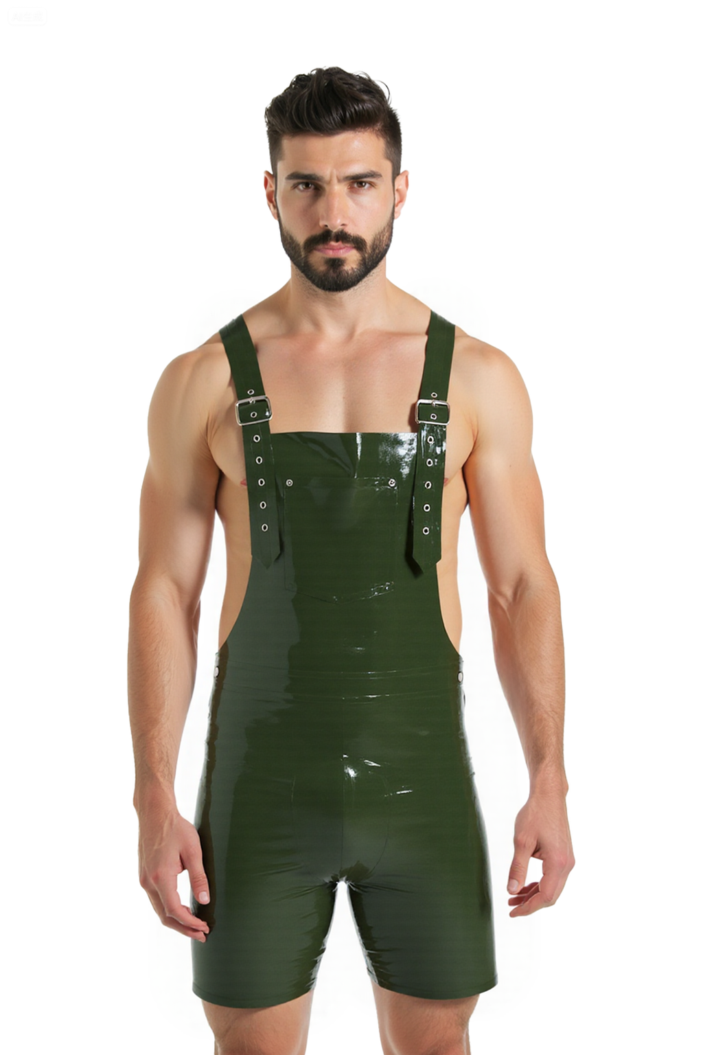 Joyglove Men’s PU Leather Overalls – Glossy Green Fetish Short Bib Jumpsuit