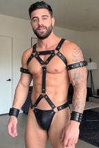 Joyglove PU Leather Full-Body Harness Set, X-Back Ring Straps + Jockstrap Bottom + Arm Bands