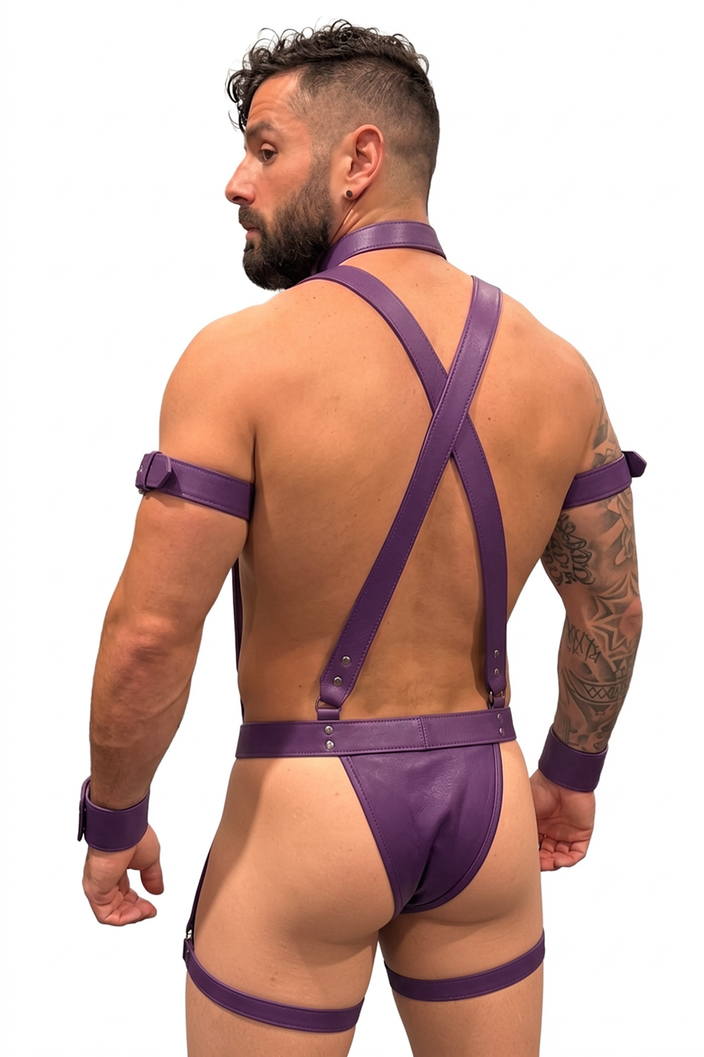Joyglove Purple PU Leather Full Harness Set, X-Back Suspenders + Collar + Wrist Cuffs + Thigh Straps