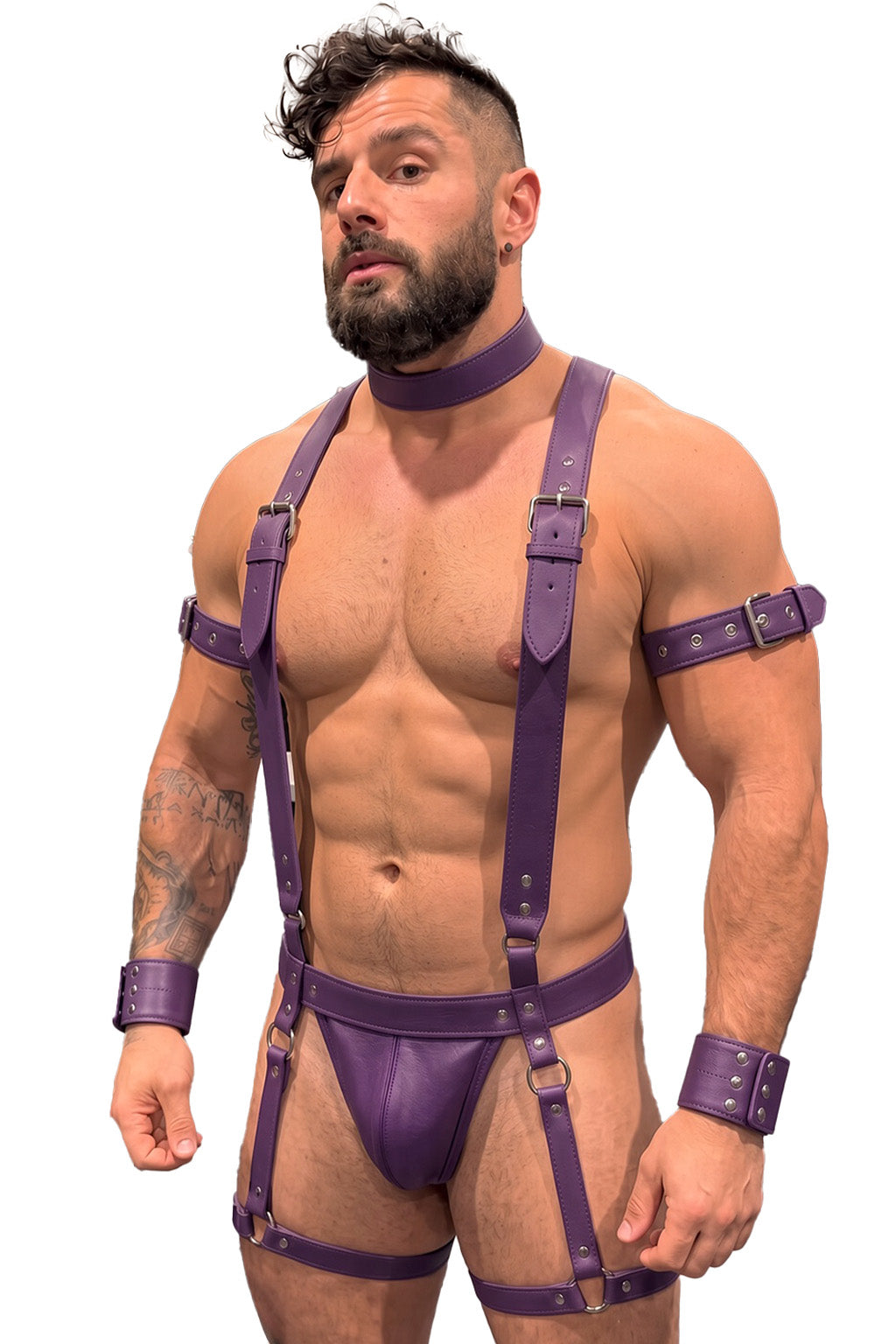 Joyglove Purple PU Leather Full Harness Set, X-Back Suspenders + Collar + Wrist Cuffs + Thigh Straps