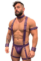 Joyglove Purple PU Leather Full Harness Set, X-Back Suspenders + Collar + Wrist Cuffs + Thigh Straps