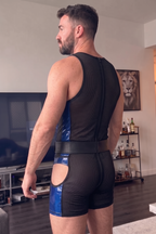 Joyglove Mesh & Gloss PU Leather Singlet, Blue Contrast Panels + Chest Cutout + Back Zip