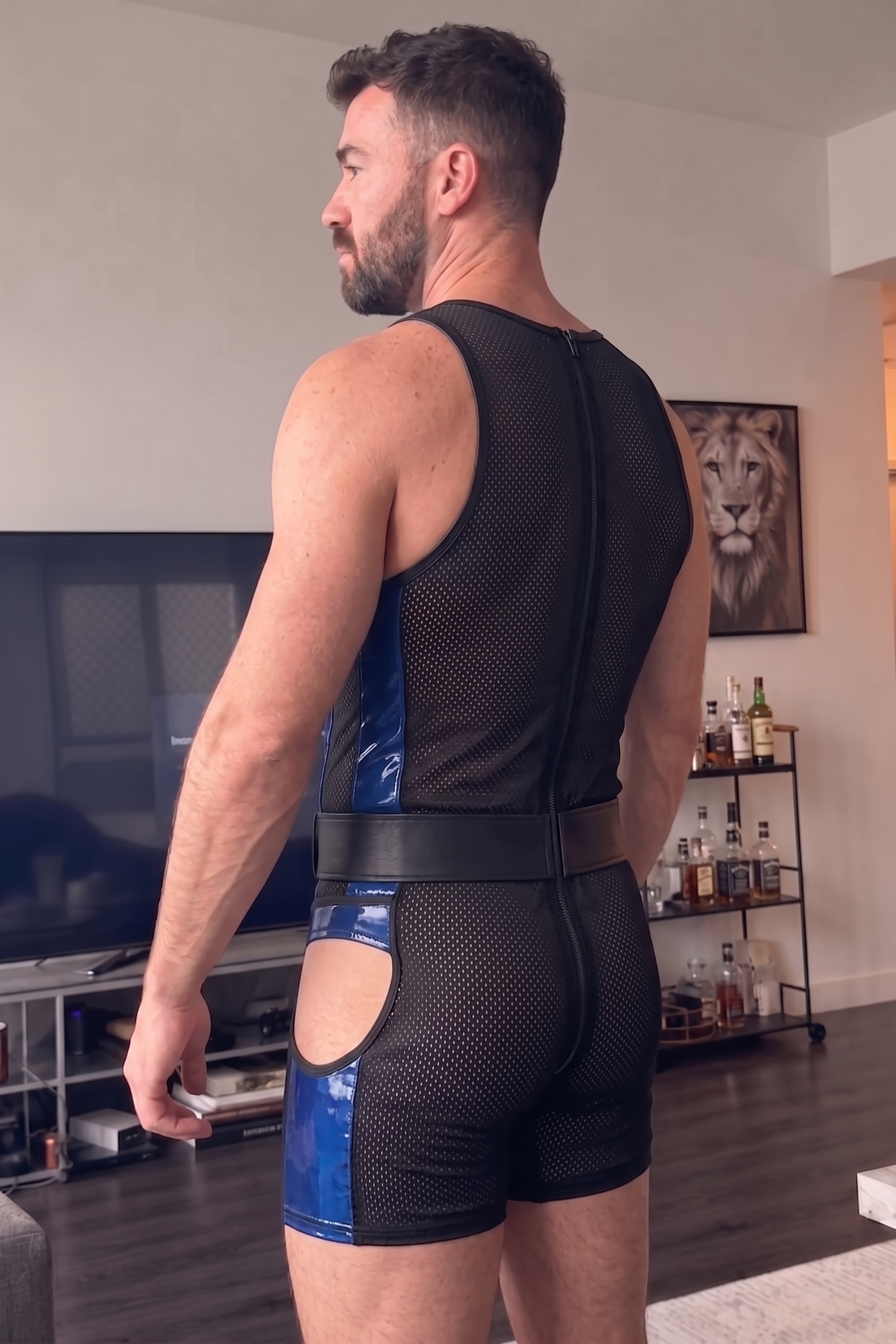 Joyglove Mesh & Gloss PU Leather Singlet, Blue Contrast Panels + Chest Cutout + Back Zip