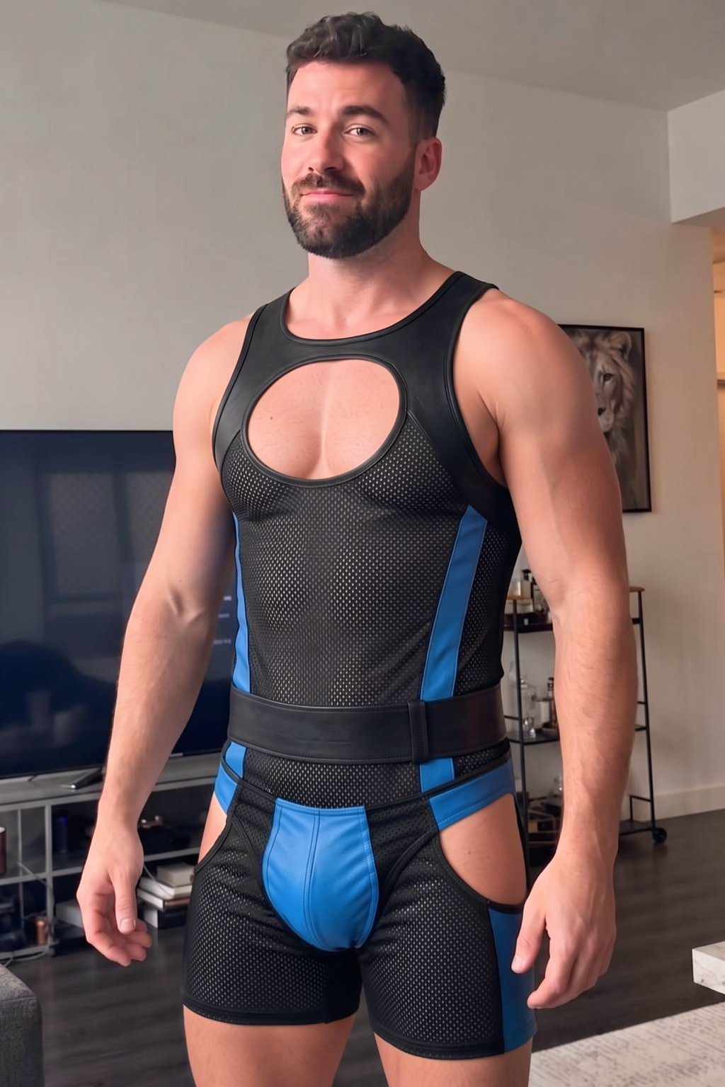 Joyglove Mesh & Gloss PU Leather Singlet, Blue Contrast Panels + Chest Cutout + Back Zip