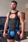 Joyglove Mesh & Gloss PU Leather Singlet, Blue Contrast Panels + Chest Cutout + Back Zip