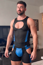 Joyglove Mesh & Gloss PU Leather Singlet, Blue Contrast Panels + Chest Cutout + Back Zip