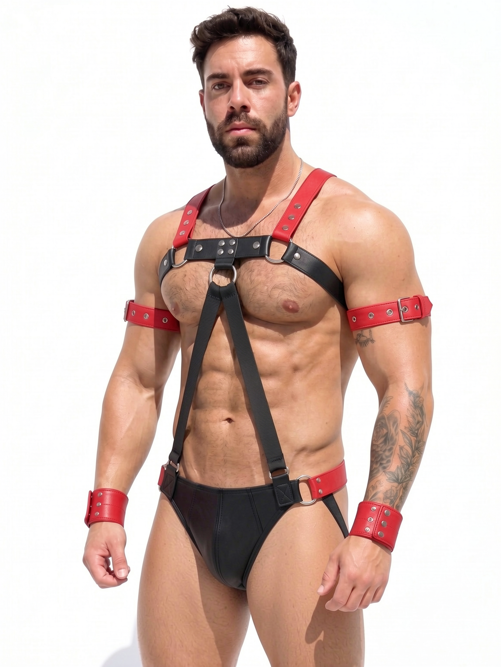 Joyglove Red & Black PU Leather Harness Jockstrap Set, O-Ring Chest Strap + Suspender Front + Open-Seat Back
