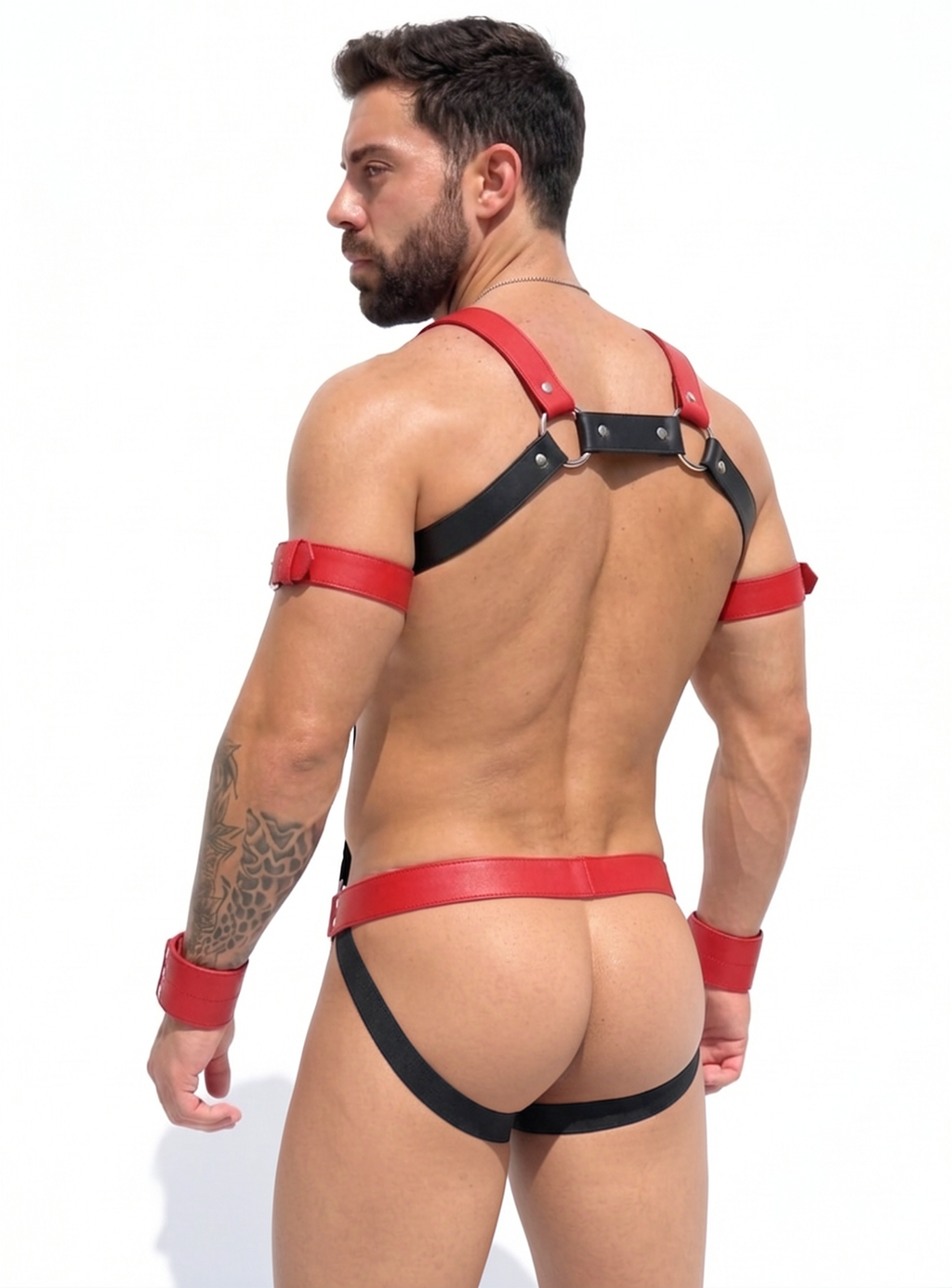 Joyglove Red & Black PU Leather Harness Jockstrap Set, O-Ring Chest Strap + Suspender Front + Open-Seat Back