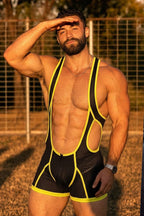 Joyglove Black Mesh Wrestling Singlet, Neon Yellow Trim + Deep U-Front + Open-Seat Back