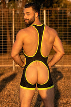 Joyglove Black Mesh Wrestling Singlet, Neon Yellow Trim + Deep U-Front + Open-Seat Back
