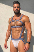 Joyglove Plaid Strap Harness Jockstrap Set, X-Back O-Ring + White Mesh Pouch + Blue Trim