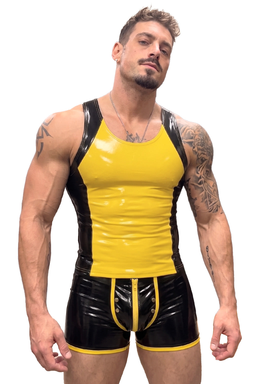 Joyglove Yellow & Black Gloss PU Leather Singlet, Sleeveless One-Piece with Full Back Zipper