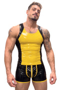 Joyglove Yellow & Black Gloss PU Leather Singlet, Sleeveless One-Piece with Full Back Zipper