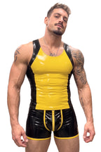 Joyglove Yellow & Black Gloss PU Leather Singlet, Sleeveless One-Piece with Full Back Zipper