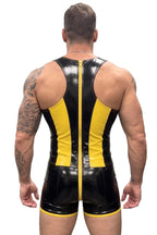 Joyglove Yellow & Black Gloss PU Leather Singlet, Sleeveless One-Piece with Full Back Zipper