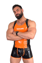 Joyglove Orange & Black Gloss PU Leather Singlet, Sleeveless One-Piece with Full Back Zipper
