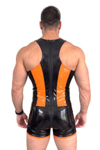 Joyglove Orange & Black Gloss PU Leather Singlet, Sleeveless One-Piece with Full Back Zipper