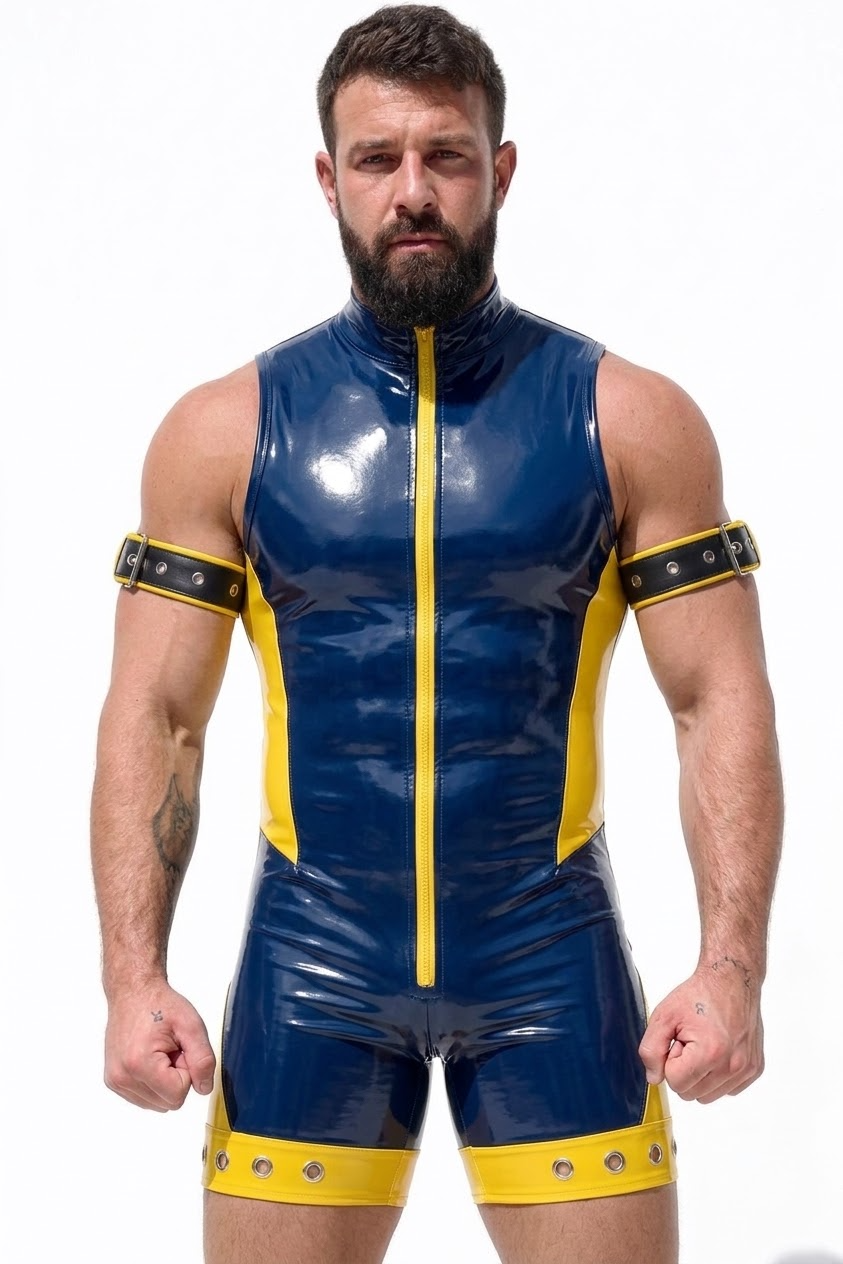 Joyglove Navy Blue & Yellow Gloss PU Leather Bodysuit, Front Zip One-Piece with Open-Back Cutout + Arm Bands