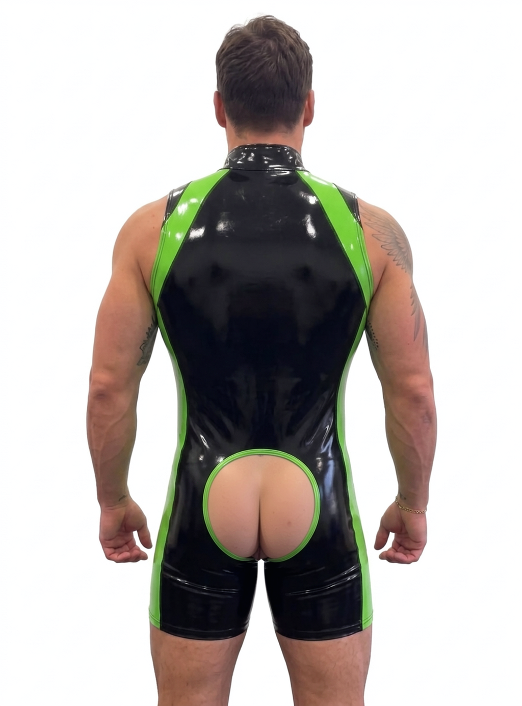 Joyglove Black & Neon Green Gloss PU Leather Singlet Bodysuit, Front Zip + Open-Seat Back + Contrast Panels
