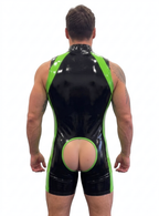 Joyglove Black & Neon Green Gloss PU Leather Singlet Bodysuit, Front Zip + Open-Seat Back + Contrast Panels