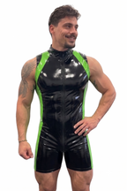 Joyglove Black & Neon Green Gloss PU Leather Singlet Bodysuit, Front Zip + Open-Seat Back + Contrast Panels