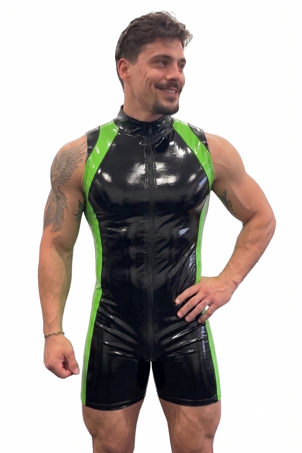 Joyglove Black & Neon Green Gloss PU Leather Singlet Bodysuit, Front Zip + Open-Seat Back + Contrast Panels
