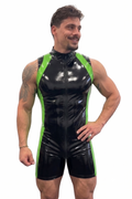 Joyglove Black & Neon Green Gloss PU Leather Singlet Bodysuit, Front Zip + Open-Seat Back + Contrast Panels