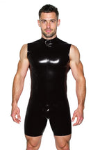 Joyglove Men’s Black Faux Leather Sleeveless Bodysuit with Zipper Back & Open Butt – Kinky Gay Fetish Romper
