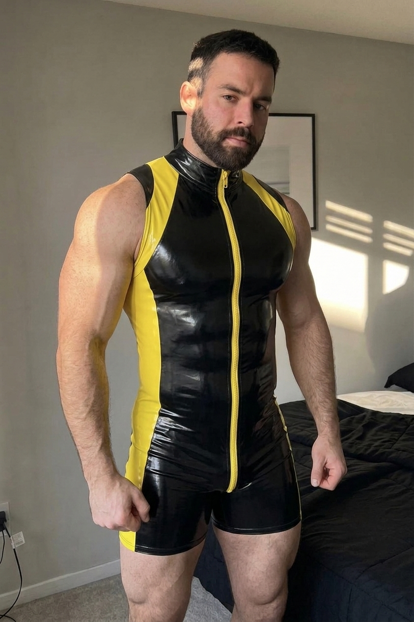 Joyglove Black & Neon Green Gloss PU Leather Singlet Bodysuit, Front Zip + Open-Seat Back + Contrast Panels