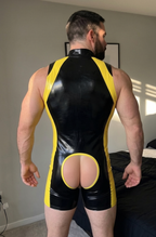 Joyglove Black & Neon Green Gloss PU Leather Singlet Bodysuit, Front Zip + Open-Seat Back + Contrast Panels