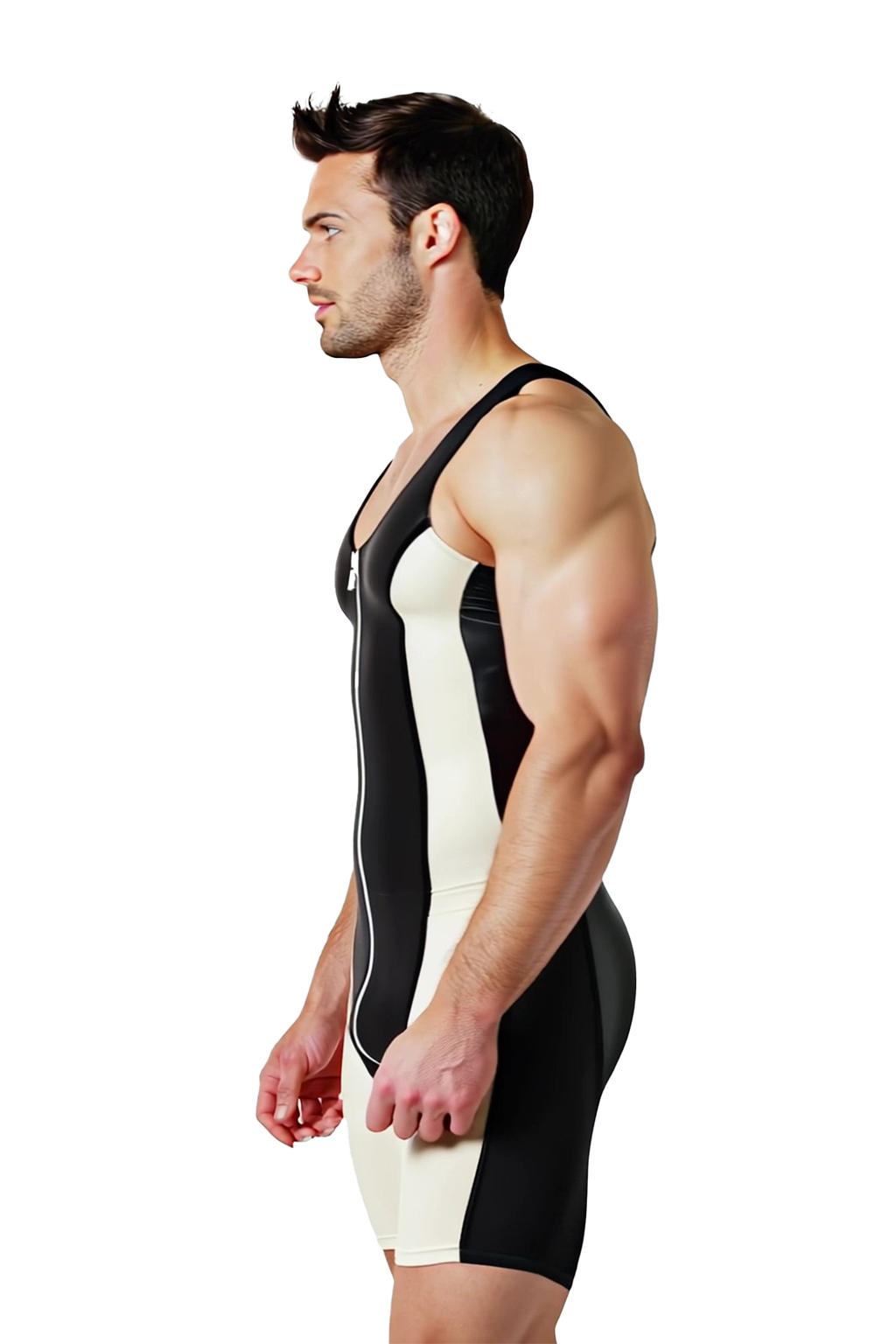 Joyglove Men’s PU Leather Wrestling Singlet – Red & White Racerback Bodysuit with Front Zip
