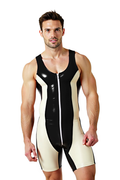 Joyglove Men’s PU Leather Wrestling Singlet – Black & White Racerback Bodysuit with Front Zip