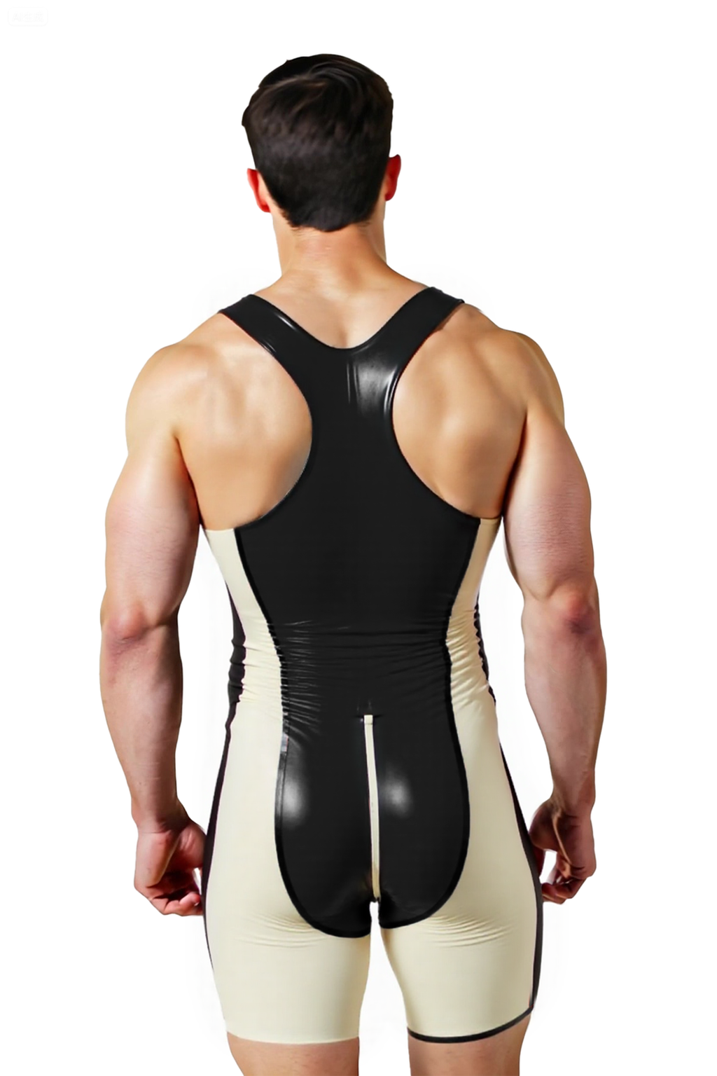 Joyglove Men’s PU Leather Wrestling Singlet – Black & White Racerback Bodysuit with Front Zip
