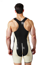 Joyglove Men’s PU Leather Wrestling Singlet – Black & White Racerback Bodysuit with Front Zip