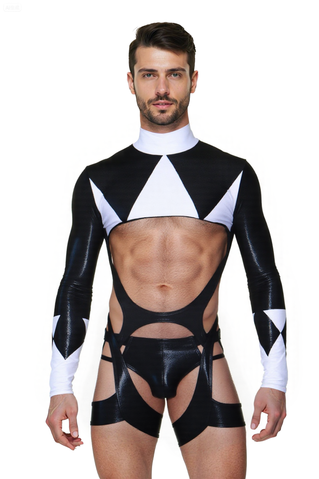Geometric Cutout Faux Leather Bodysuit with Harness Belt – Black & White Triangle Design	