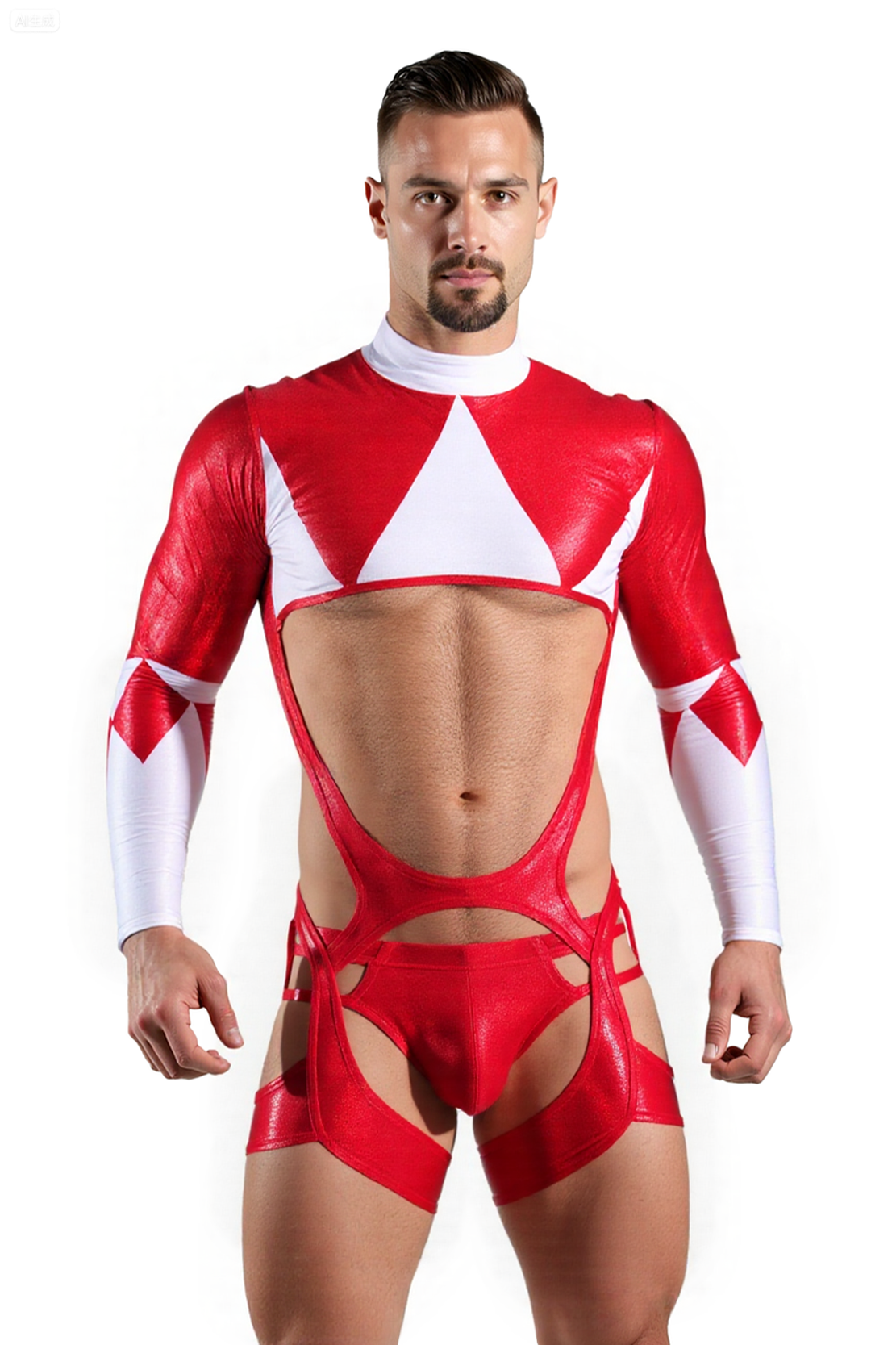 [Copy]Geometric Cutout Faux Leather Bodysuit with Harness Belt – Black & White Triangle Design	