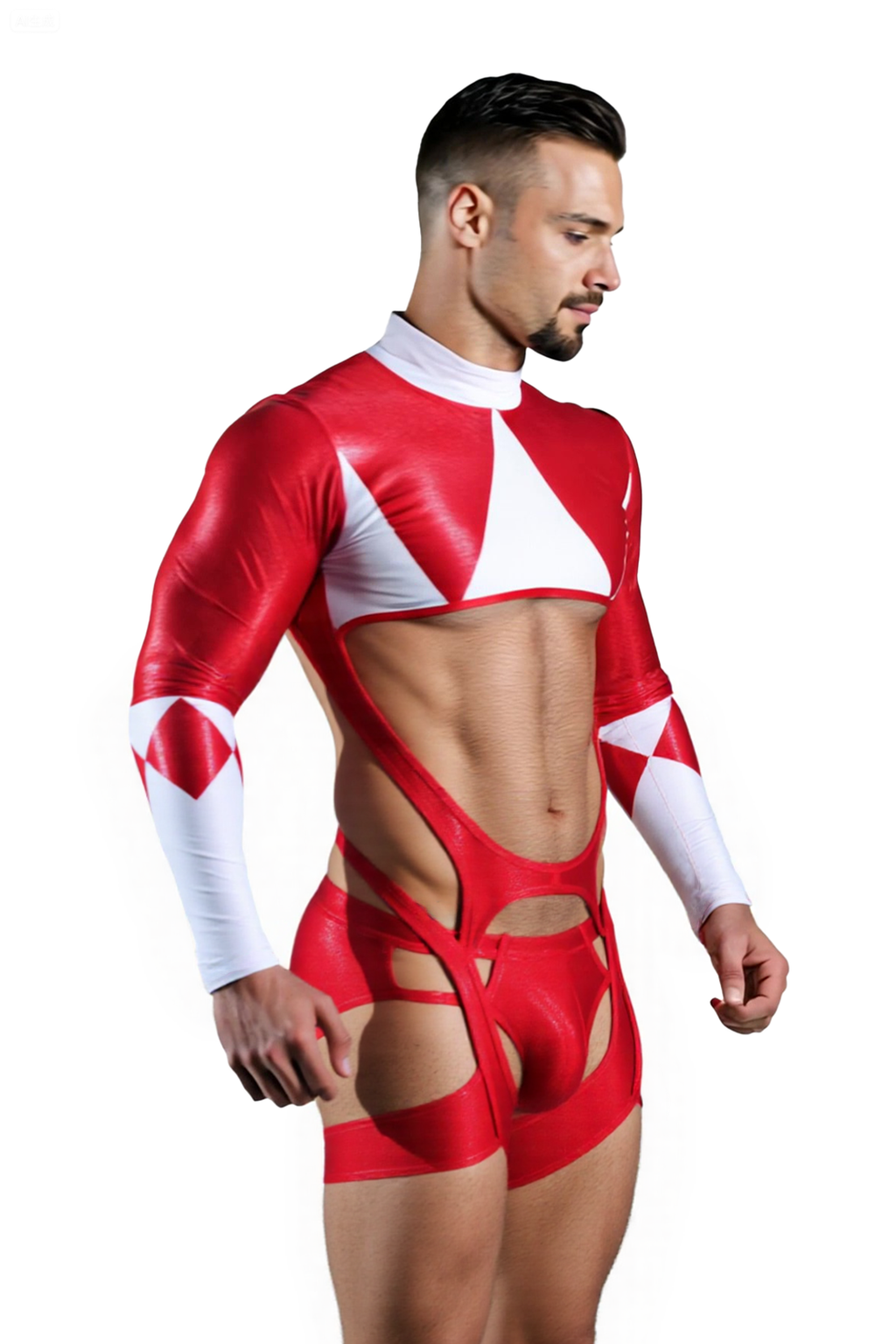 [Copy]Geometric Cutout Faux Leather Bodysuit with Harness Belt – Black & White Triangle Design	