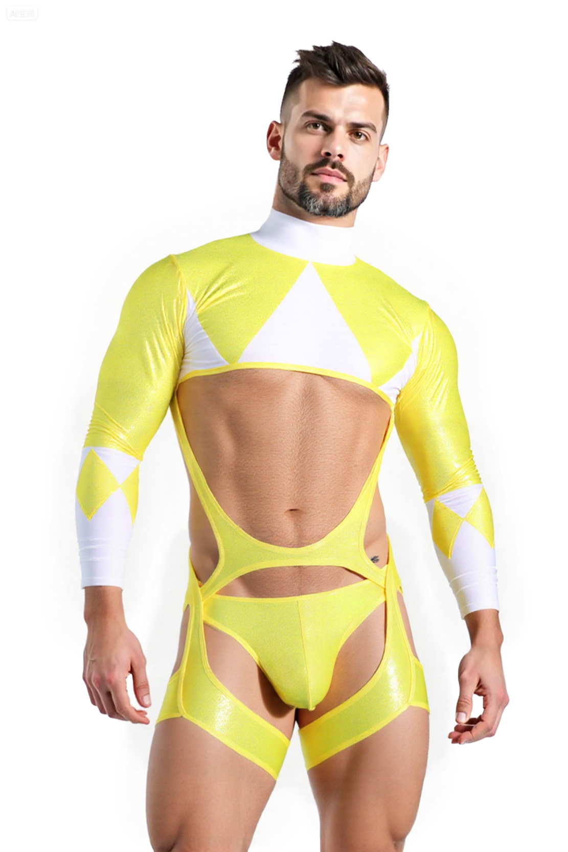 [Copy]Geometric Cutout Faux Leather Bodysuit with Harness Belt – Black & White Triangle Design	