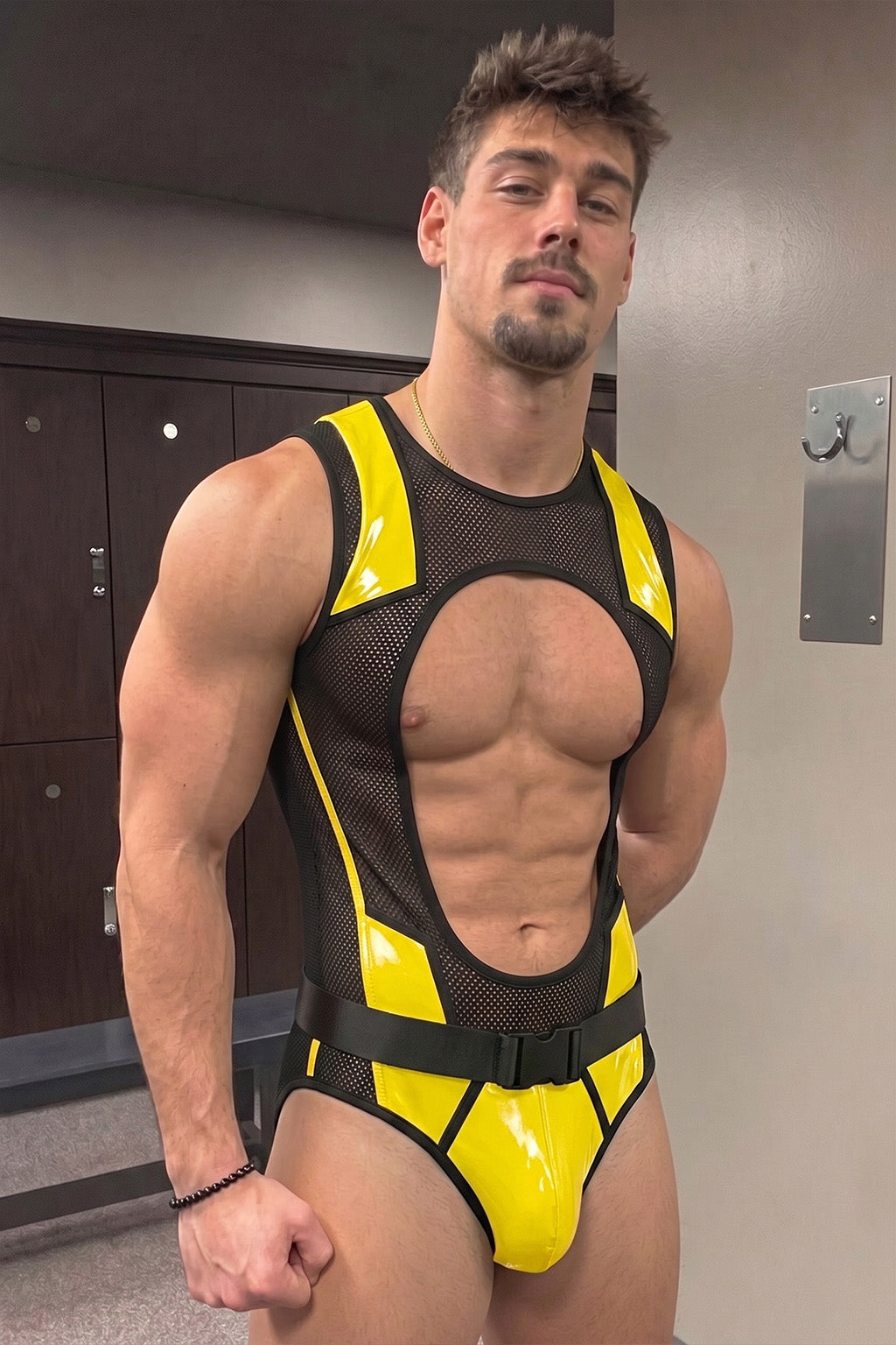 Joyglove Mesh & Gloss PU Leather Singlet, Yellow Panel Design with Open Back