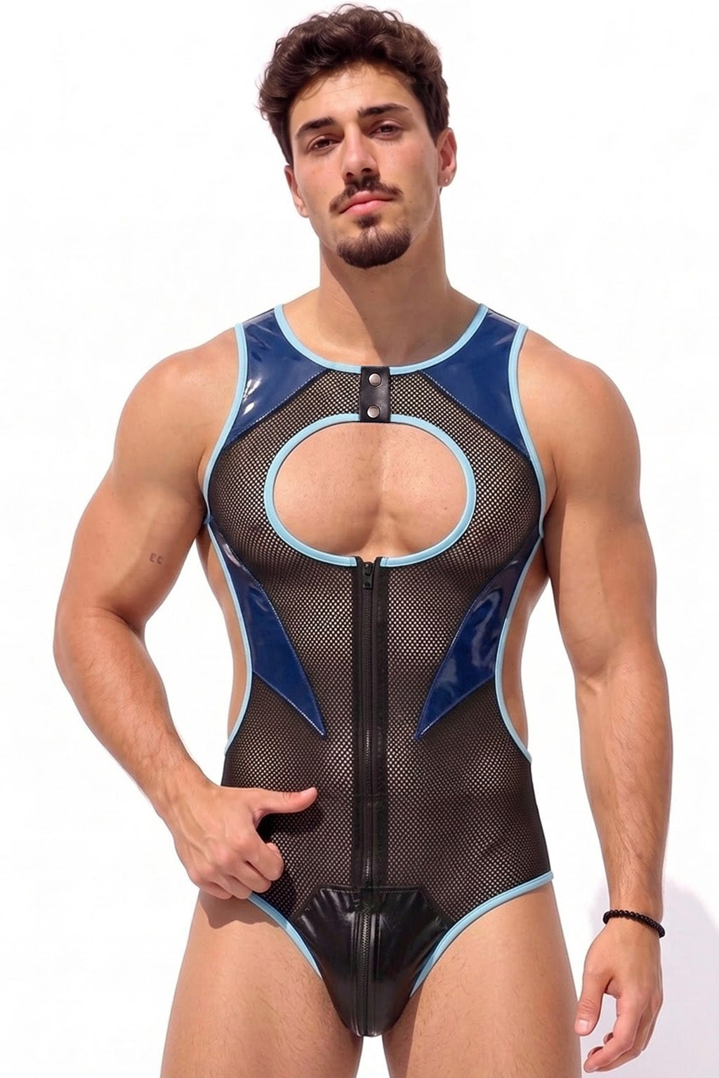 Joyglove Shiny Blue-Trim Mesh Singlet Bodysuit, Full-Length Zipper & Sculpted Fit