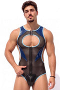 Joyglove Shiny Blue-Trim Mesh Singlet Bodysuit, Full-Length Zipper & Sculpted Fit